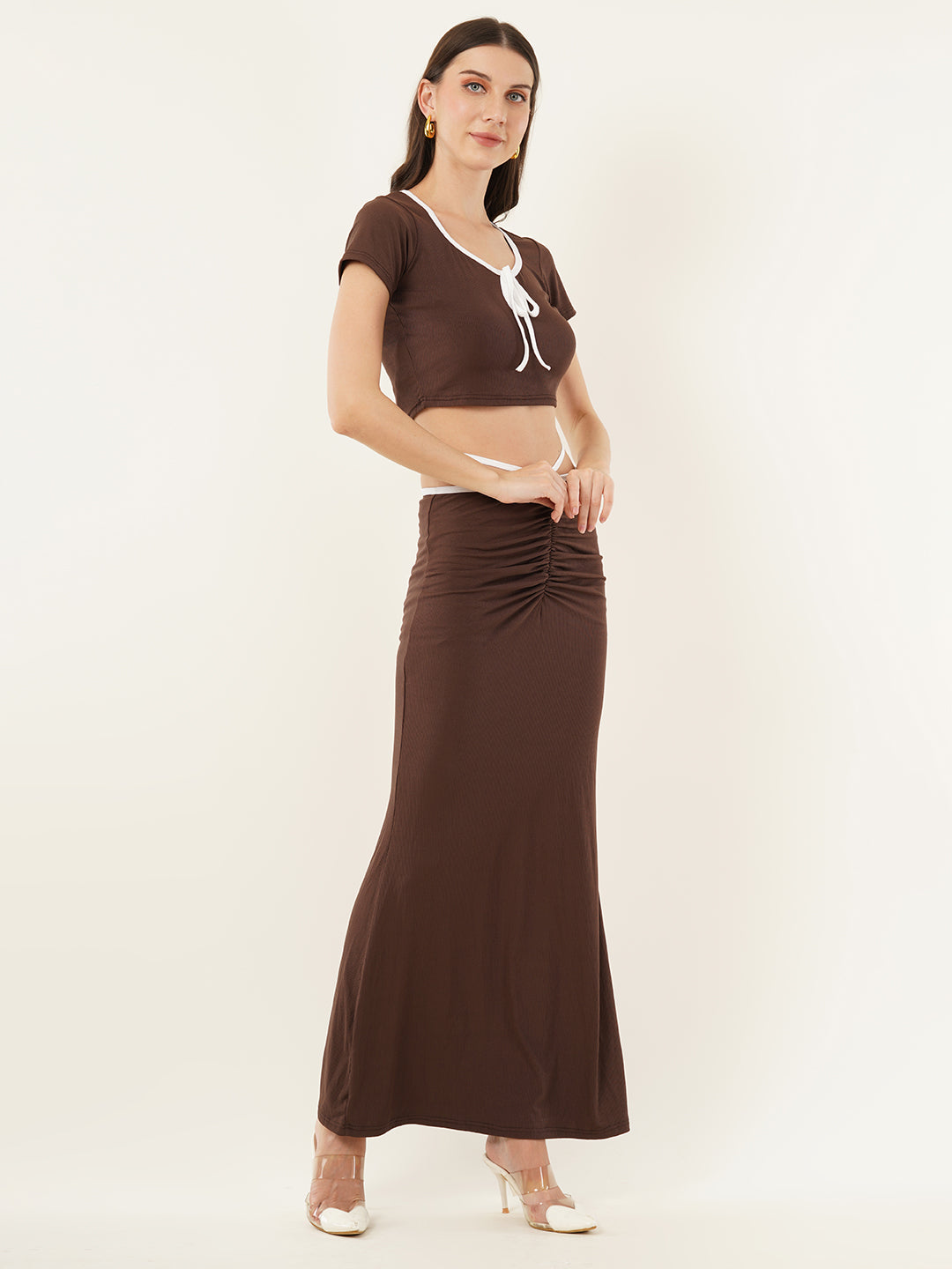 Clobug Women Solid Brown Top & Skirt Co-ord Set