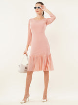 Clobug Women Solid Lycra Blend Pink Mesh Ruffle Dress