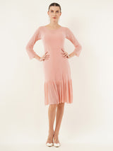 Clobug Women Solid Lycra Blend Pink Mesh Ruffle Dress