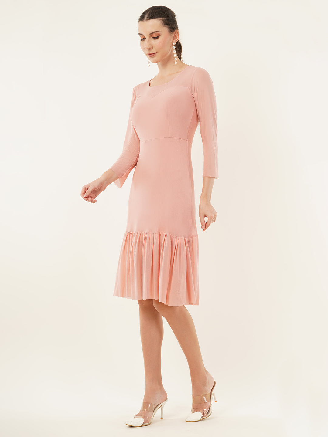 Clobug Women Solid Lycra Blend Pink Mesh Ruffle Dress