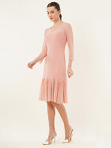 Clobug Women Solid Lycra Blend Pink Mesh Ruffle Dress