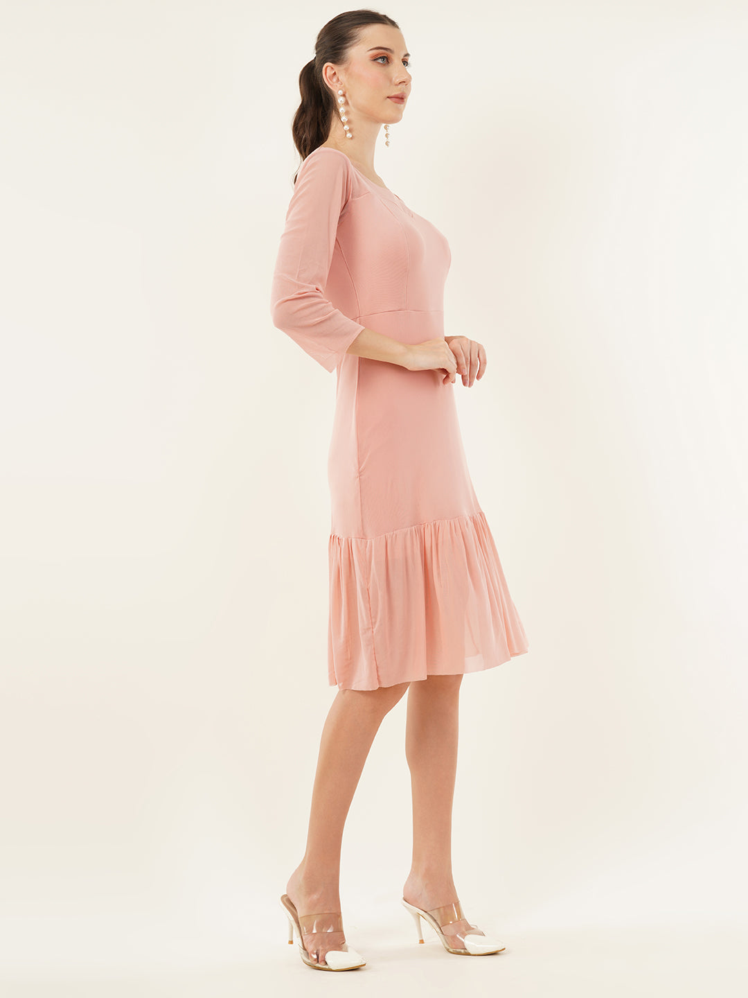 Clobug Women Solid Lycra Blend Pink Mesh Ruffle Dress