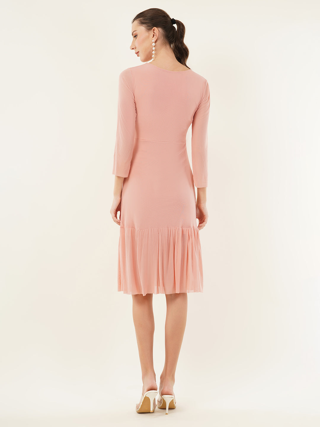 Clobug Women Solid Lycra Blend Pink Mesh Ruffle Dress