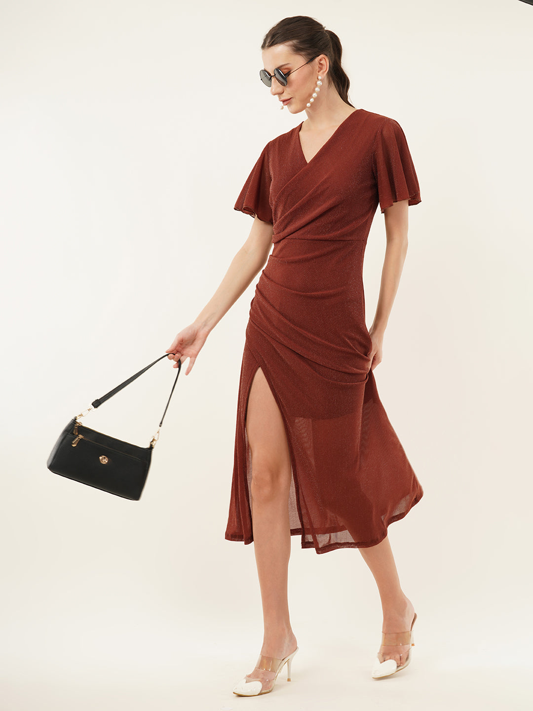 Clobug Women Solid Maroon V-neck Pleated Mesh Dress