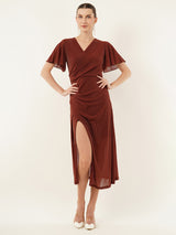 Clobug Women Solid Maroon V-neck Pleated Mesh Dress