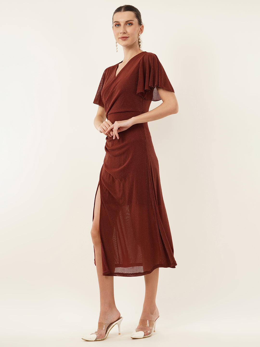 Clobug Women Solid Maroon V-neck Pleated Mesh Dress