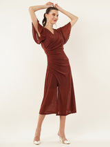 Clobug Women Solid Maroon V-neck Pleated Mesh Dress