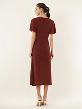 Clobug Women Solid Maroon V-neck Pleated Mesh Dress