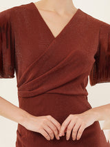 Clobug Women Solid Maroon V-neck Pleated Mesh Dress