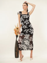 Clobug Women Printed Short Sleeve Midi Mesh Dress