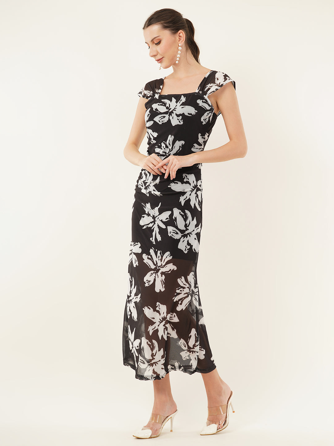 Clobug Women Printed Short Sleeve Midi Mesh Dress