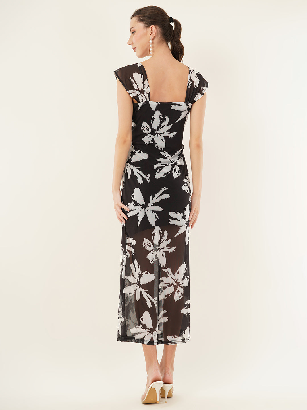 Clobug Women Printed Short Sleeve Midi Mesh Dress