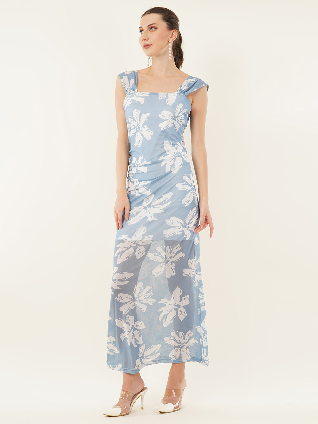 Clobug Women Printed Short Sleeve Midi Mesh Dress