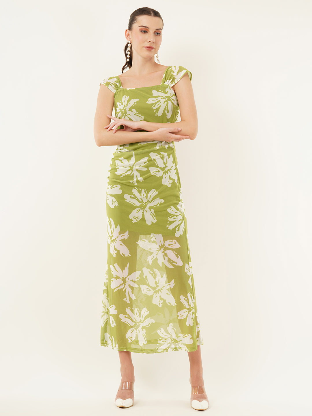 Clobug Women Printed Short Sleeve Midi Mesh Dress