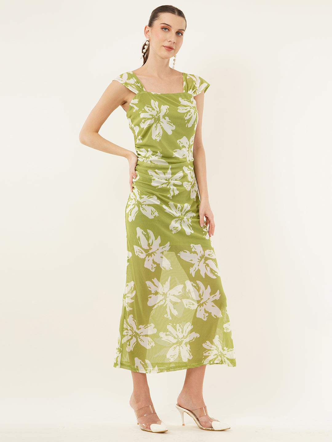 Clobug Women Printed Short Sleeve Midi Mesh Dress