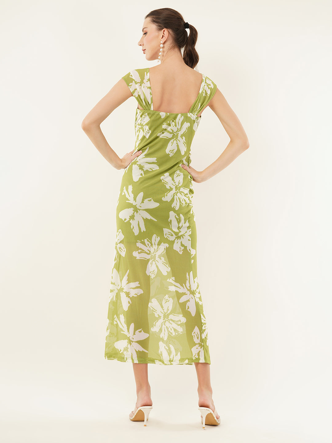 Clobug Women Printed Short Sleeve Midi Mesh Dress