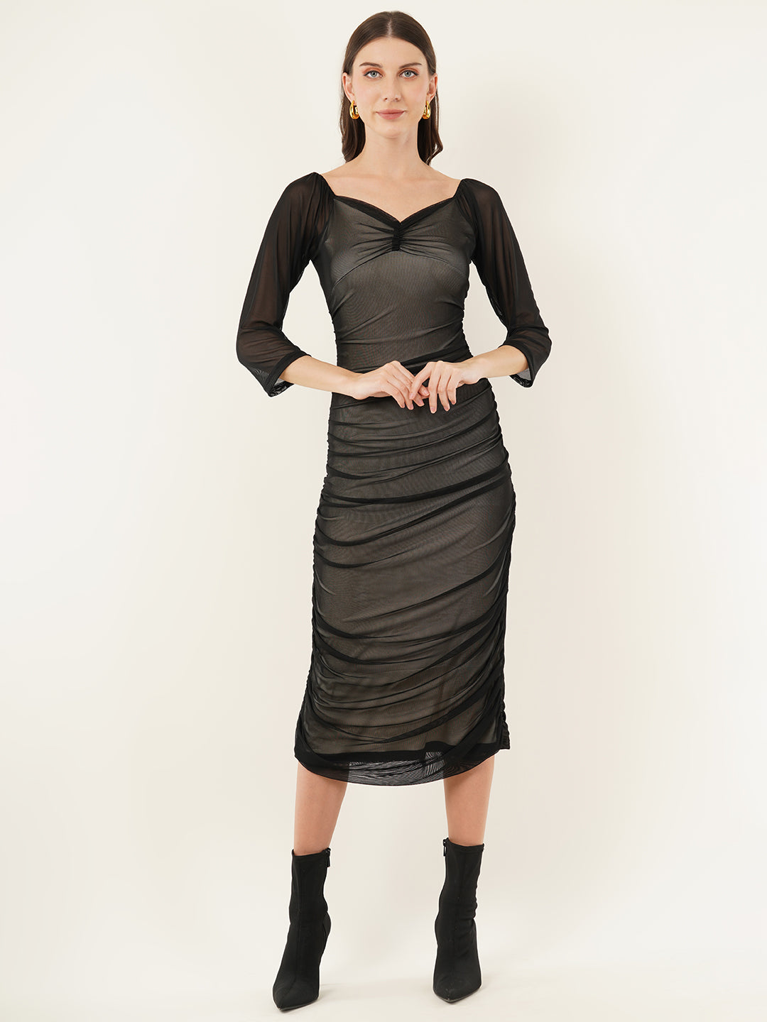 Clobug Women Solid Mesh Bodycon Black Dress