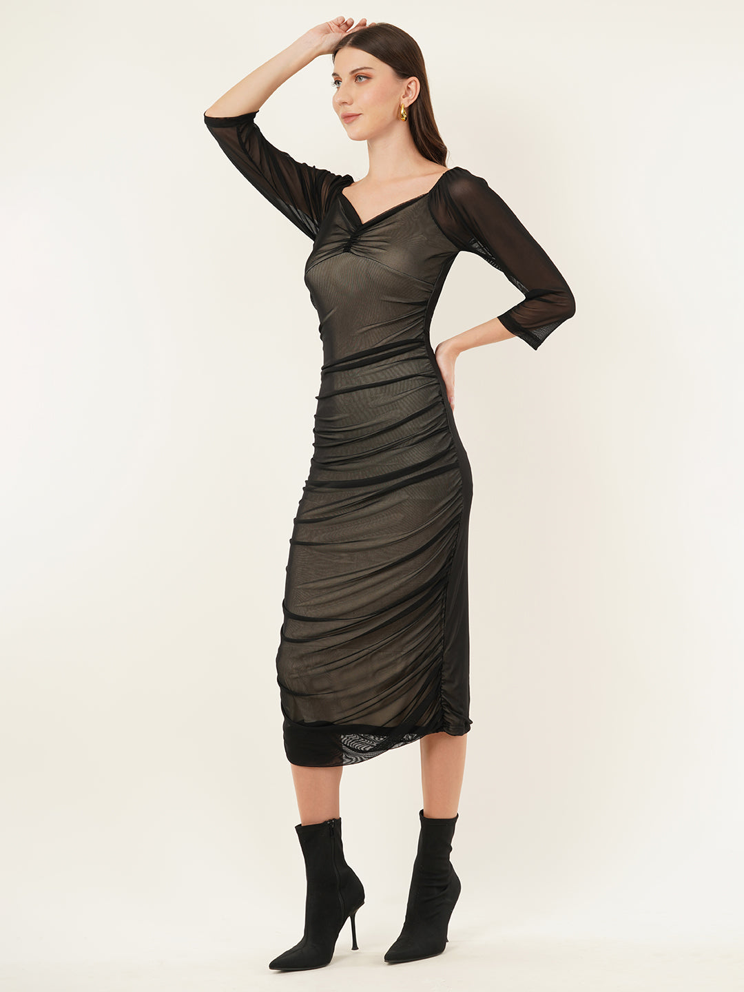 Clobug Women Solid Mesh Bodycon Black Dress