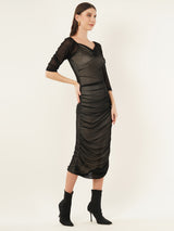 Clobug Women Solid Mesh Bodycon Black Dress