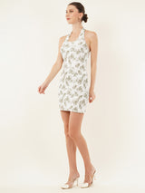 Clobug Women Sleeveless Cotton Blend Printed White Mini Dress