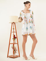 Clobug Women Full Sleeve Printed White Short Dress