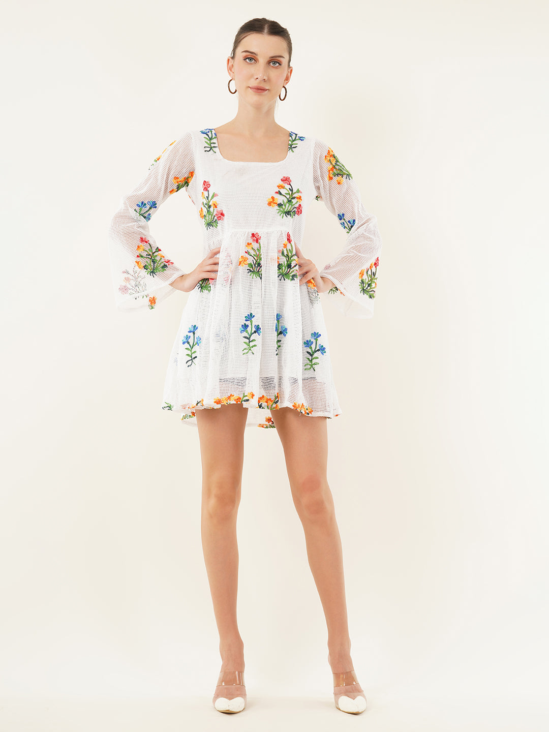 Clobug Women Full Sleeve Printed White Short Dress