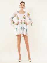 Clobug Women Full Sleeve Printed White Short Dress