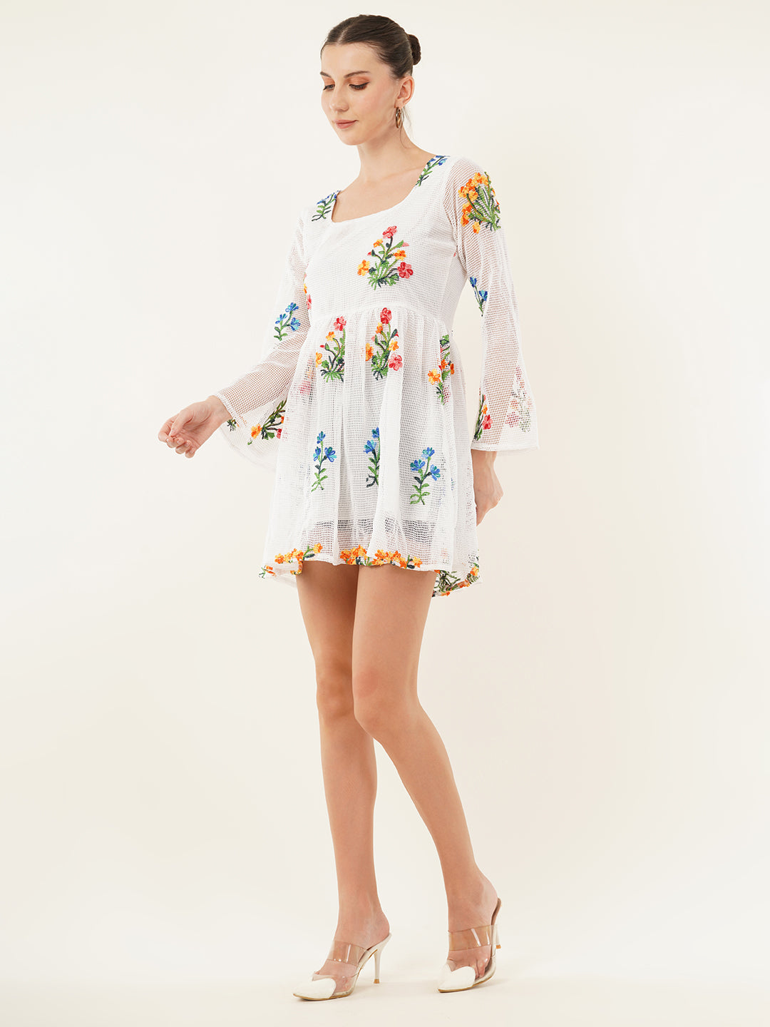 Clobug Women Full Sleeve Printed White Short Dress