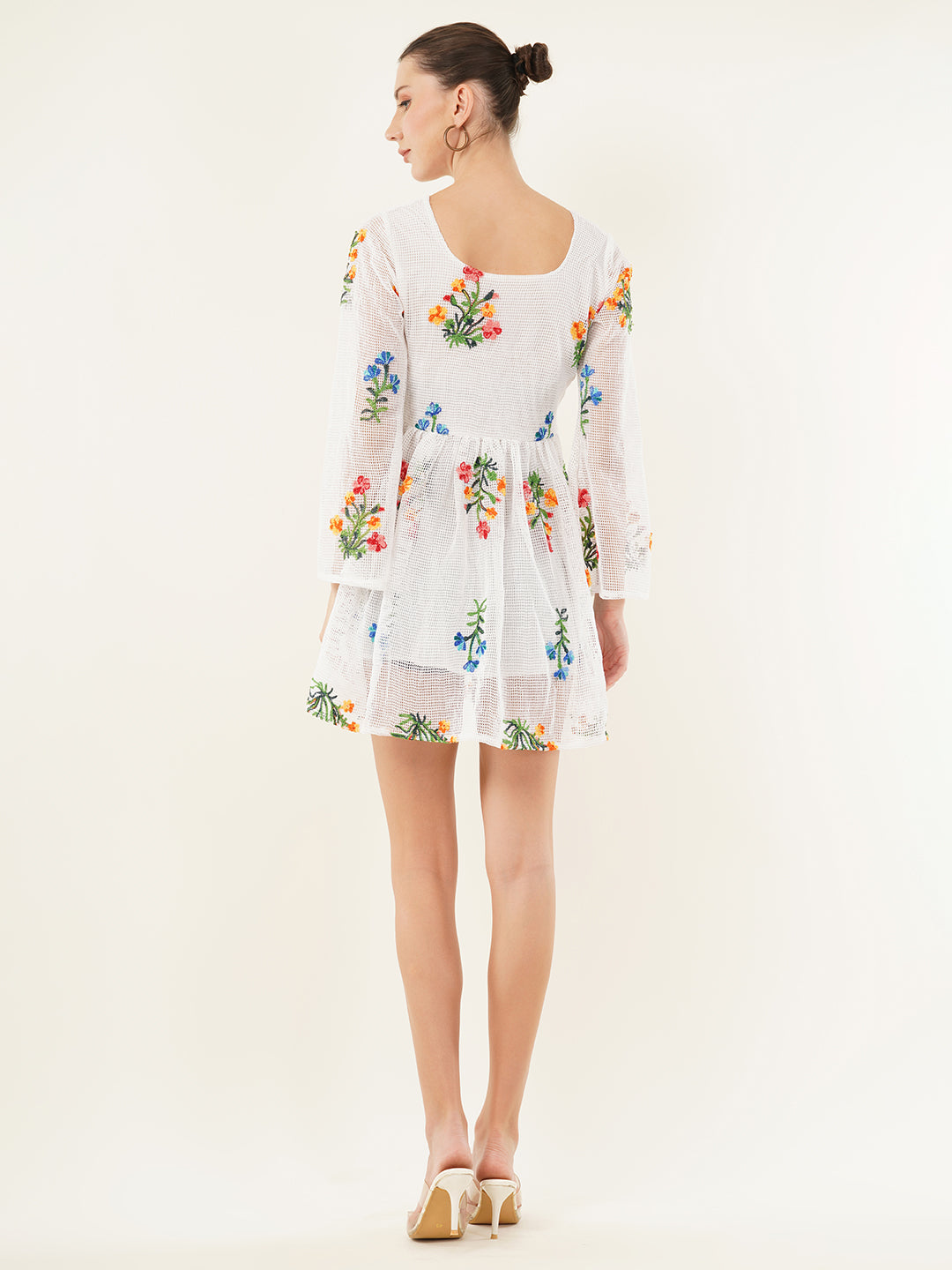 Clobug Women Full Sleeve Printed White Short Dress