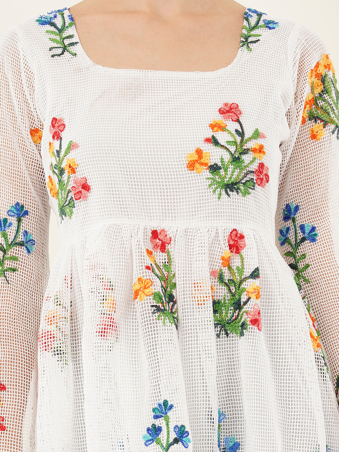 Clobug Women Full Sleeve Printed White Short Dress