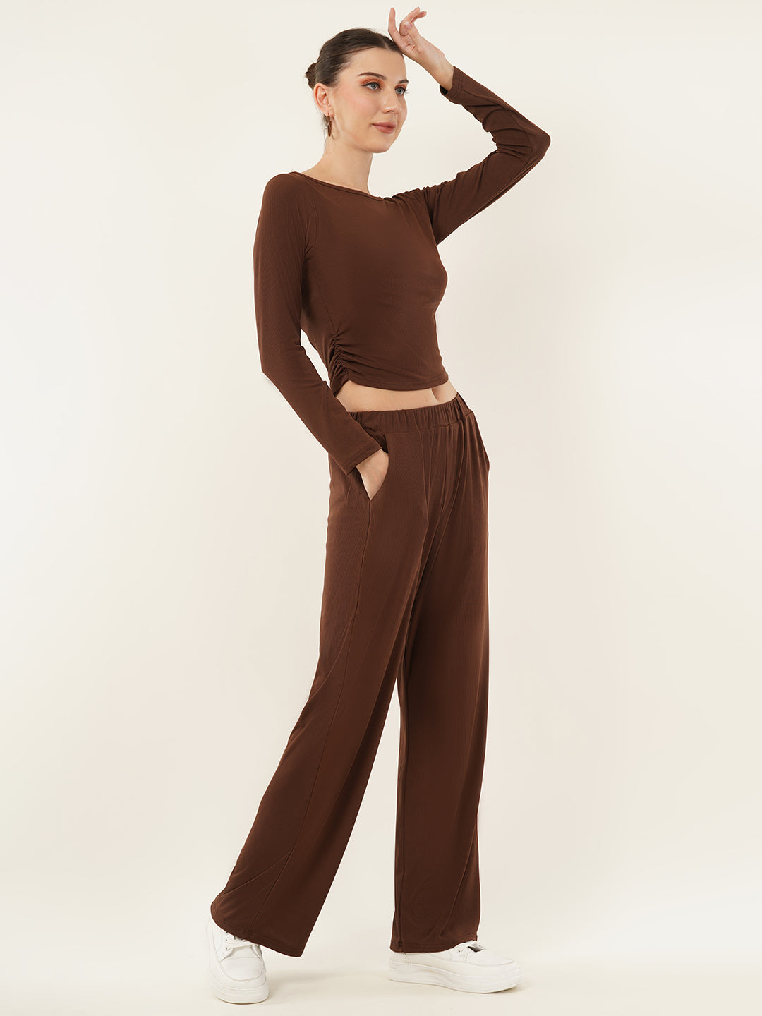 Clobug Women Solid Brown Top & Pant Full Sleeve Co-ord Set