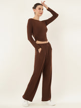 Clobug Women Solid Brown Top & Pant Full Sleeve Co-ord Set