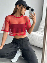 Clobug Women Short Sleeve Net Crop Top