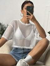 Clobug Women Short Sleeve Net Crop Top