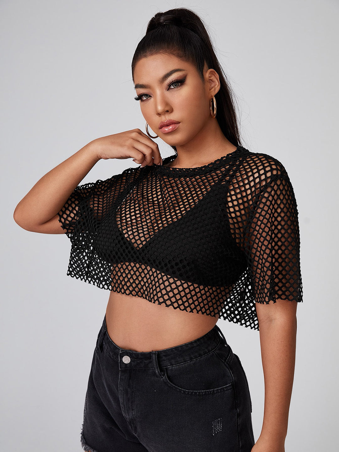 Clobug Women Short Sleeve Net Crop Top