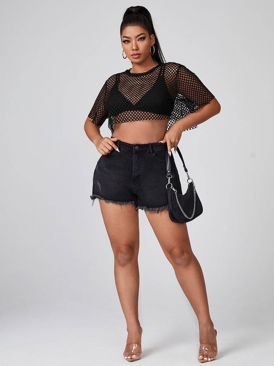 Clobug Women Short Sleeve Net Crop Top
