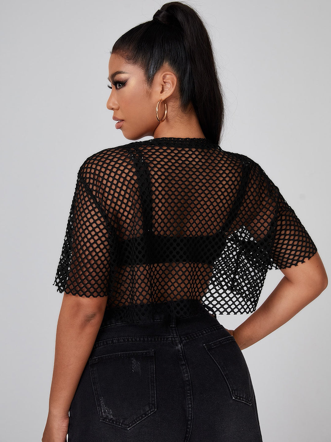Clobug Women Short Sleeve Net Crop Top