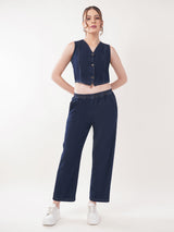 Clobug Women Denim Sleeveless Top With Trouser Co-ord Set