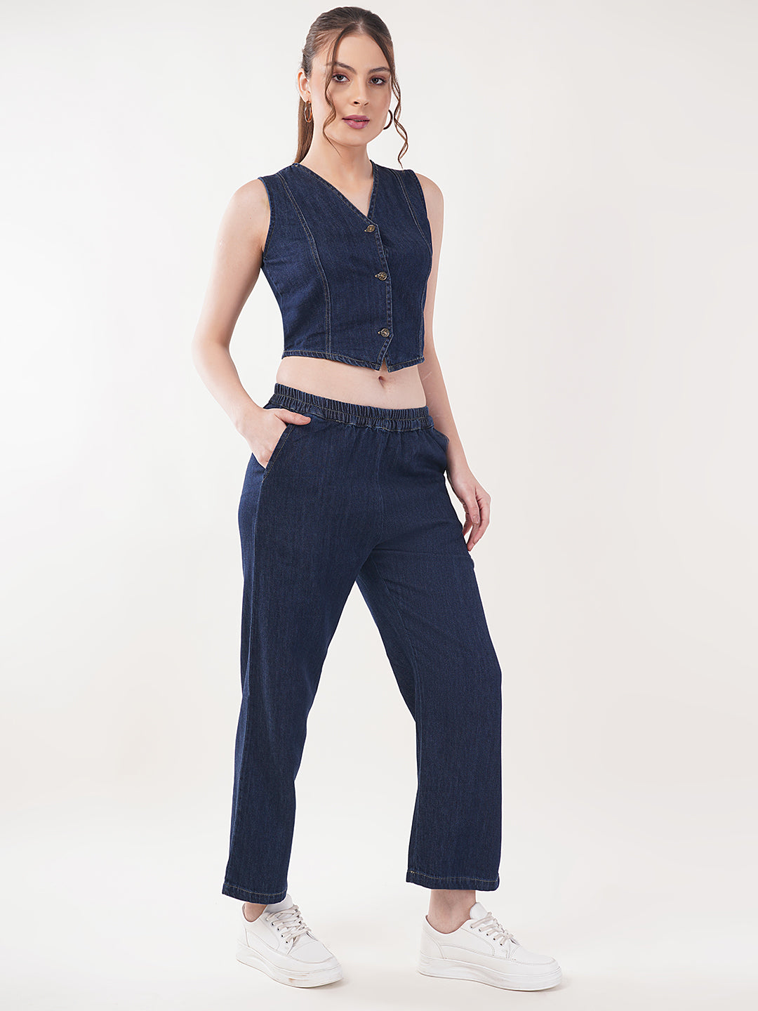 Clobug Women Denim Sleeveless Top With Trouser Co-ord Set
