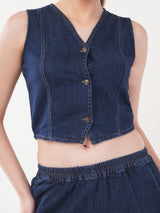 Clobug Women Denim Sleeveless Top With Trouser Co-ord Set