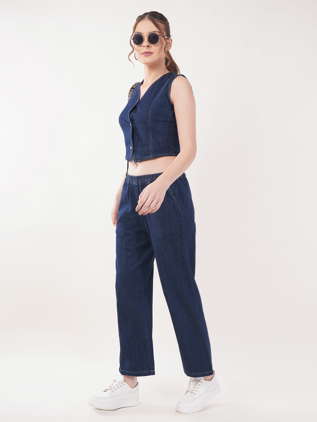 Clobug Women Denim Sleeveless Top With Trouser Co-ord Set