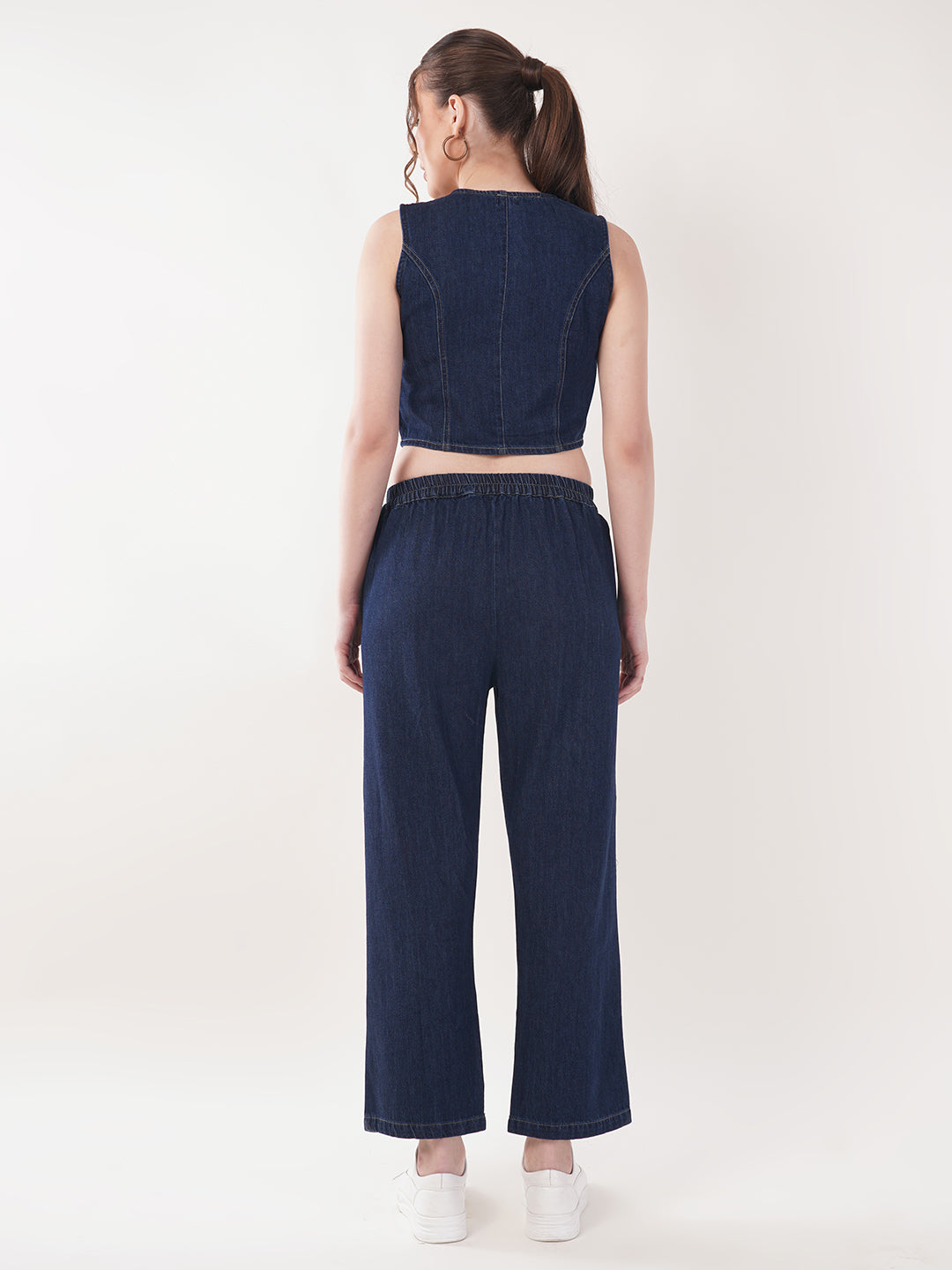 Clobug Women Denim Sleeveless Top With Trouser Co-ord Set