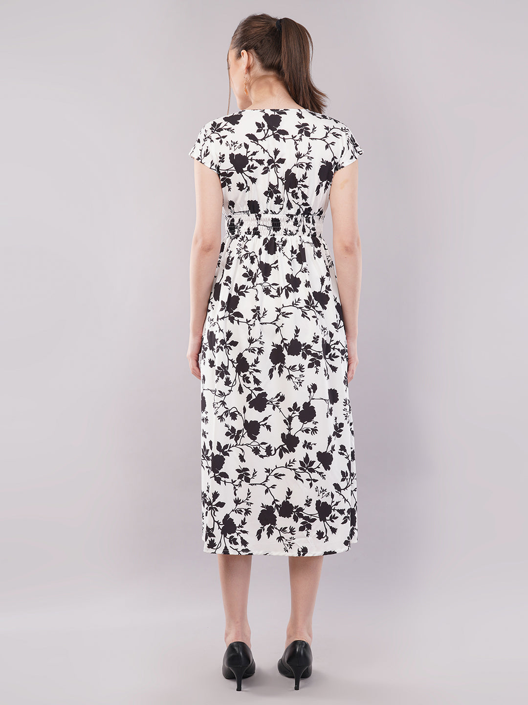 Clobug Women Short Sleeve Printed Midi White Dress