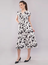 Clobug Women Short Sleeve Printed Midi White Dress