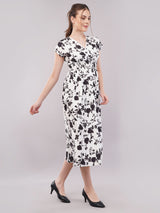 Clobug Women Short Sleeve Printed Midi White Dress