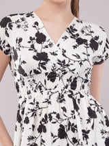 Clobug Women Short Sleeve Printed Midi White Dress