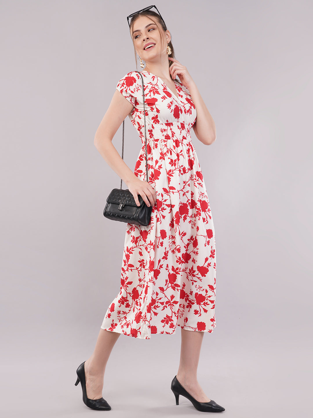 Clobug Women Short Sleeve Printed Midi White Dress