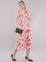 Clobug Women Short Sleeve Printed Midi White Dress