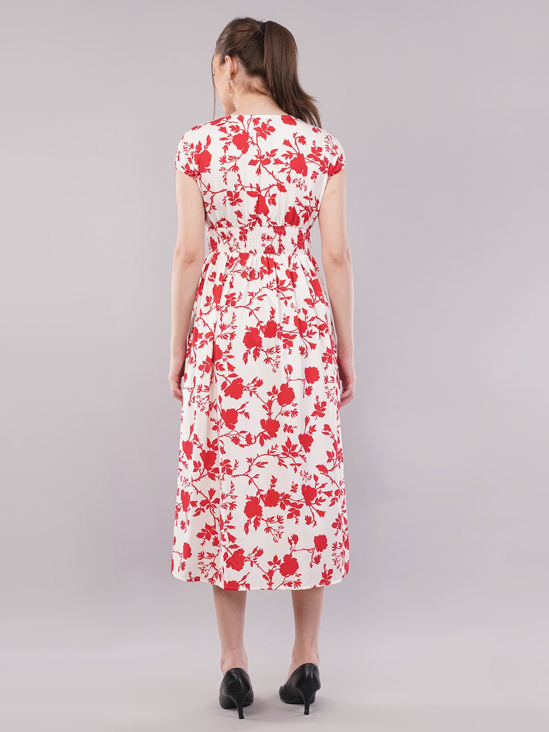 Clobug Women Short Sleeve Printed Midi White Dress