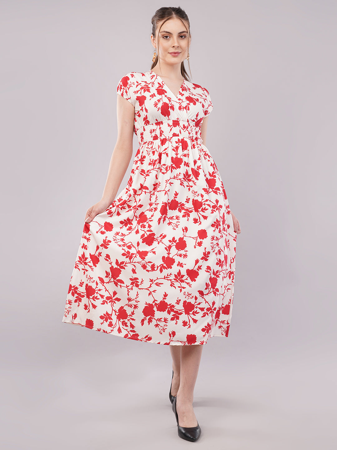 Clobug Women Short Sleeve Printed Midi White Dress